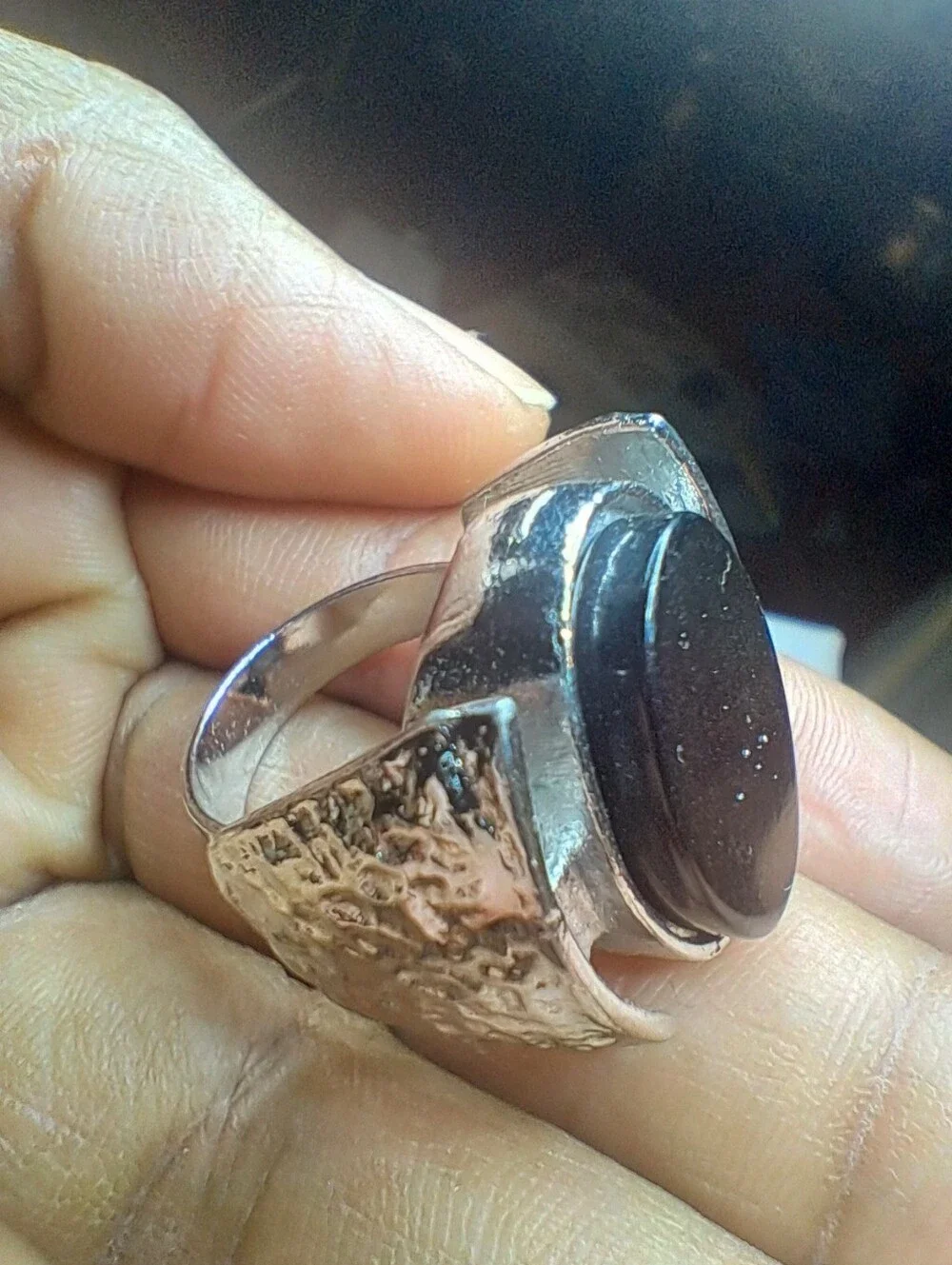 Vintage Silver Tone Chunky Black Onyx Look Statement Ring - Adjustable